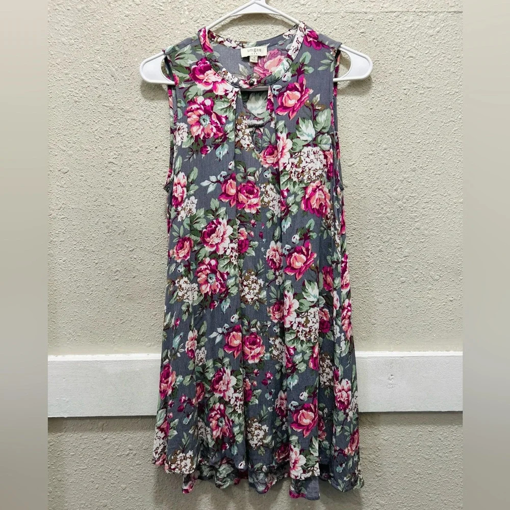 Umgee USA Grey and Pink Floral Sleeveless Mini Dress Size Small